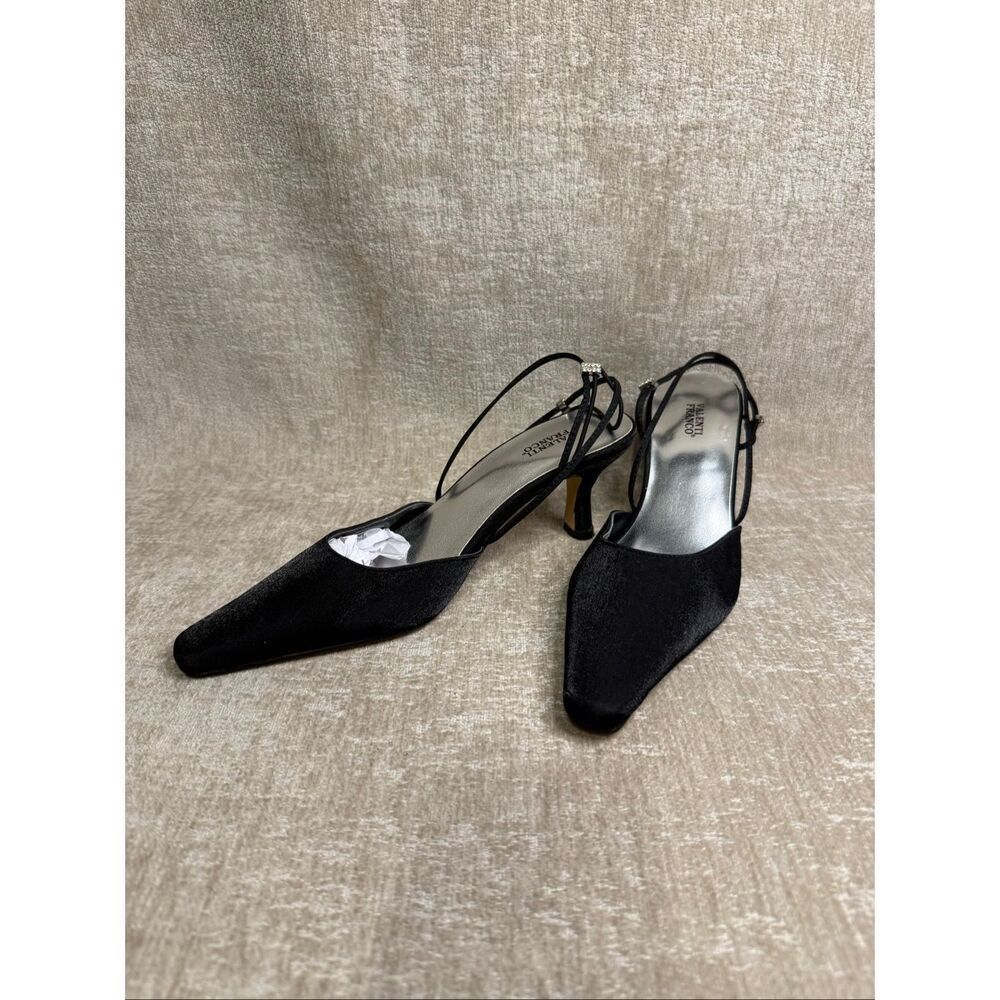 Valenti Franco Women's Shimmer Satin Strappy Slingback Heeled Shoes Black Sz 7.5